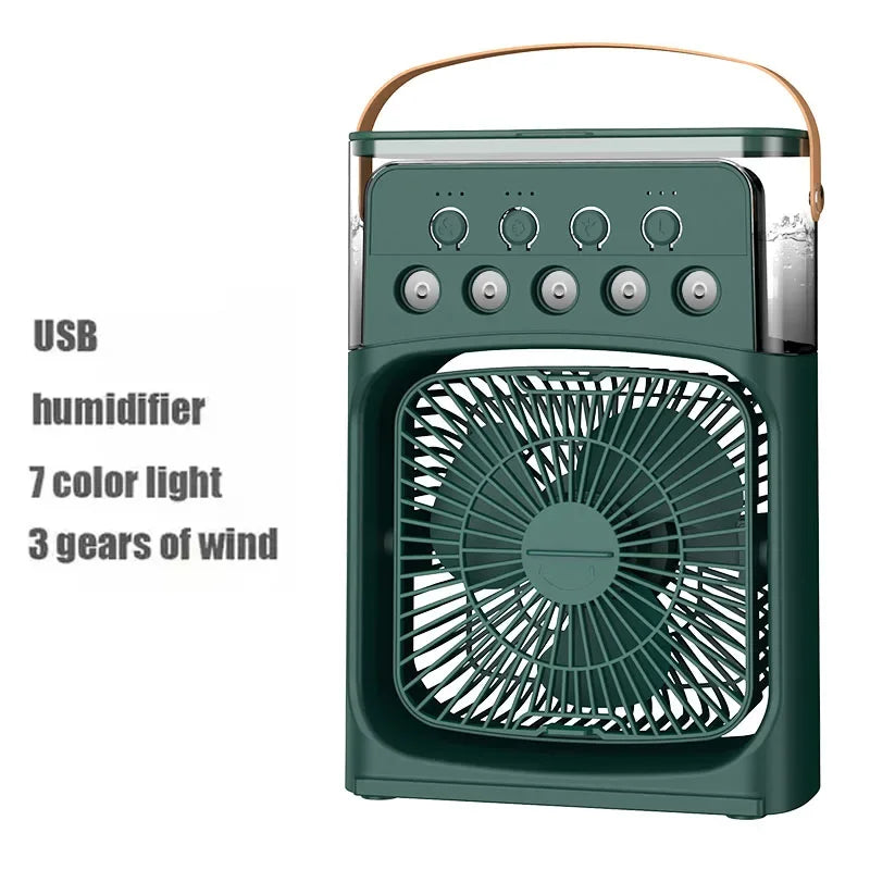 Portable humidifier fan three in one, mini USB air conditioning fan, LED night light, water mist, home fun air cooler humidifier