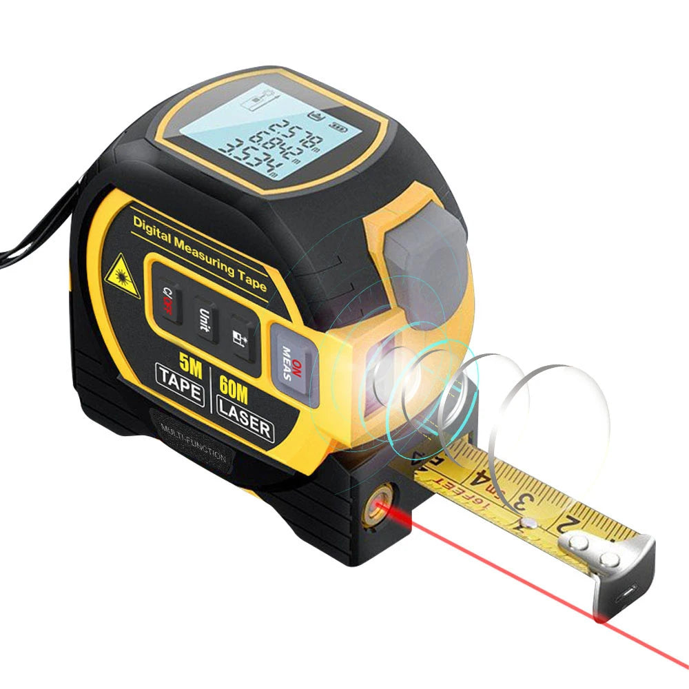 3 in 1 Laser Rangefinder 5M Tape Measure Ruler LCD Display with Backlight Distance Meter Building Measurement Device