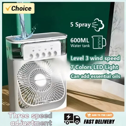 Portable humidifier fan three in one, mini USB air conditioning fan, LED night light, water mist, home fun air cooler humidifier