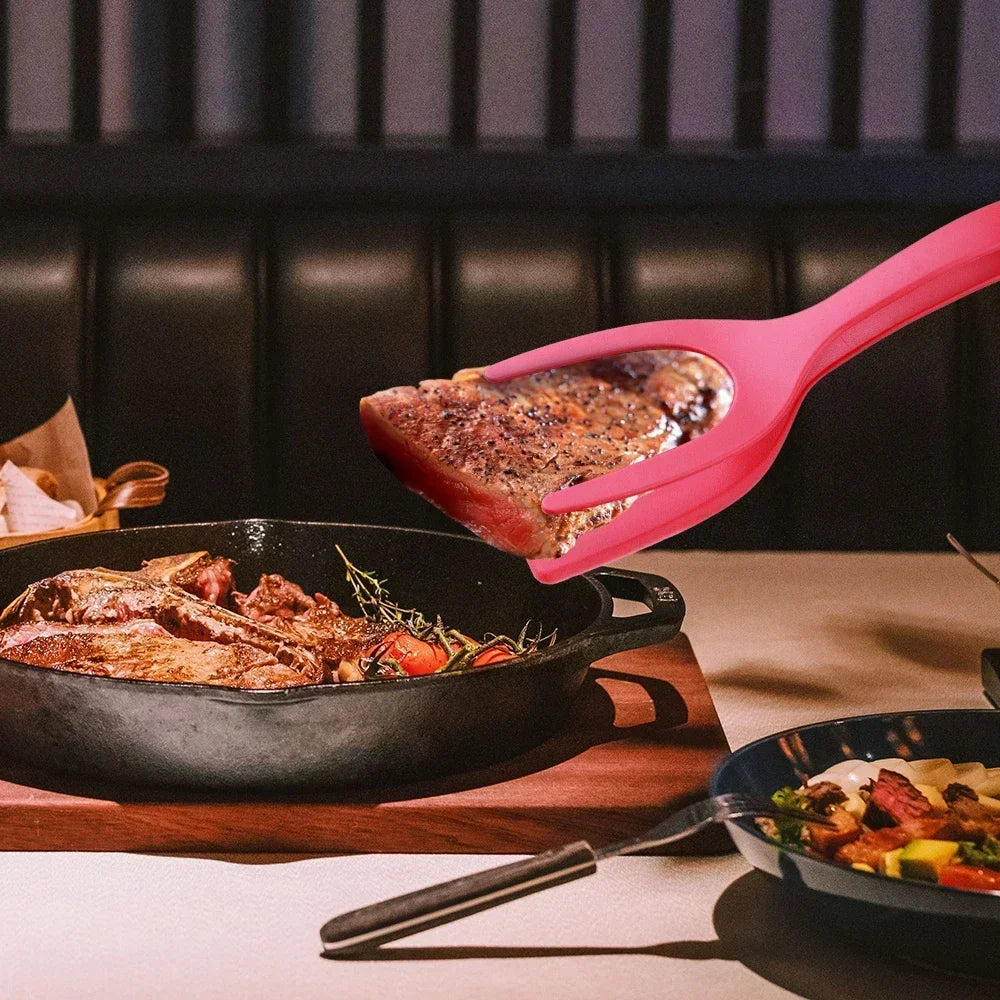 2 in 1 Nylon Grip Flip Tongs with Egg Spatula And Steak Turner Clamp Pancake Fried Turners Kitchen Cooking Accessories