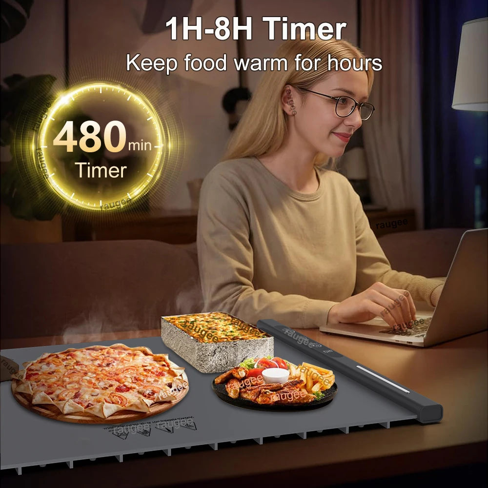 Electric Food Warming Tray Fast Constant Heating Mat Portable Foldable Warm Tray with 8 Temperature Settings Food Warmer Plate