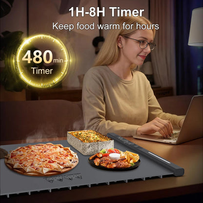 Electric Food Warming Tray Fast Constant Heating Mat Portable Foldable Warm Tray with 8 Temperature Settings Food Warmer Plate