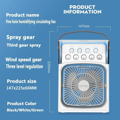 Portable humidifier fan three in one, mini USB air conditioning fan, LED night light, water mist, home fun air cooler humidifier