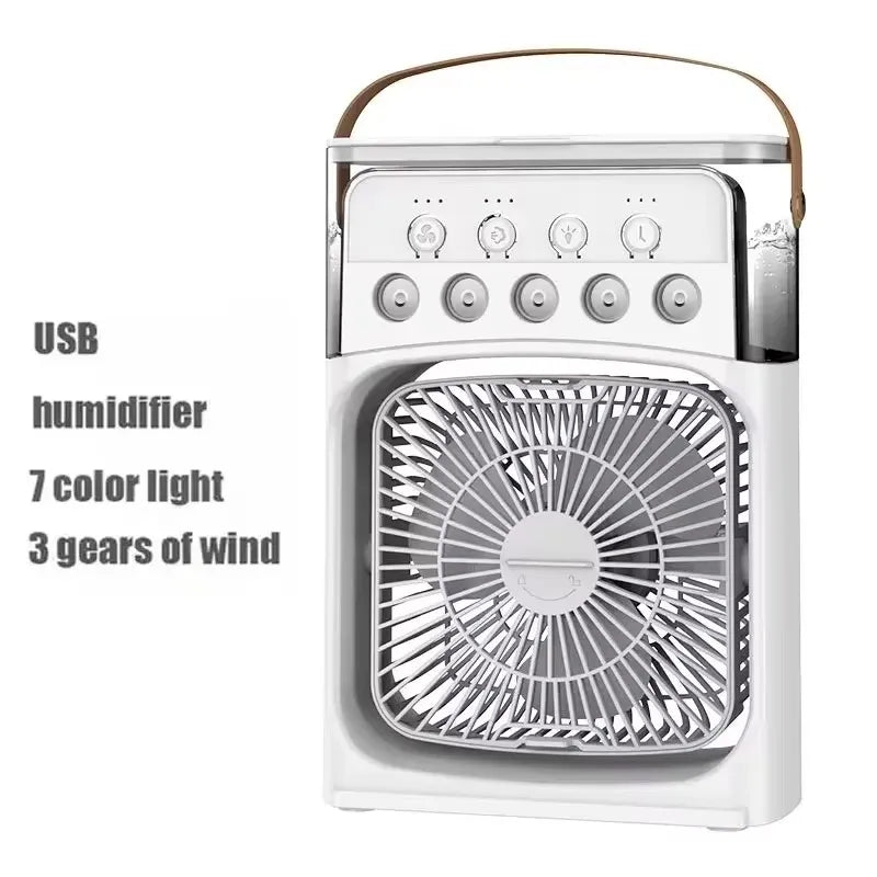 Portable humidifier fan three in one, mini USB air conditioning fan, LED night light, water mist, home fun air cooler humidifier