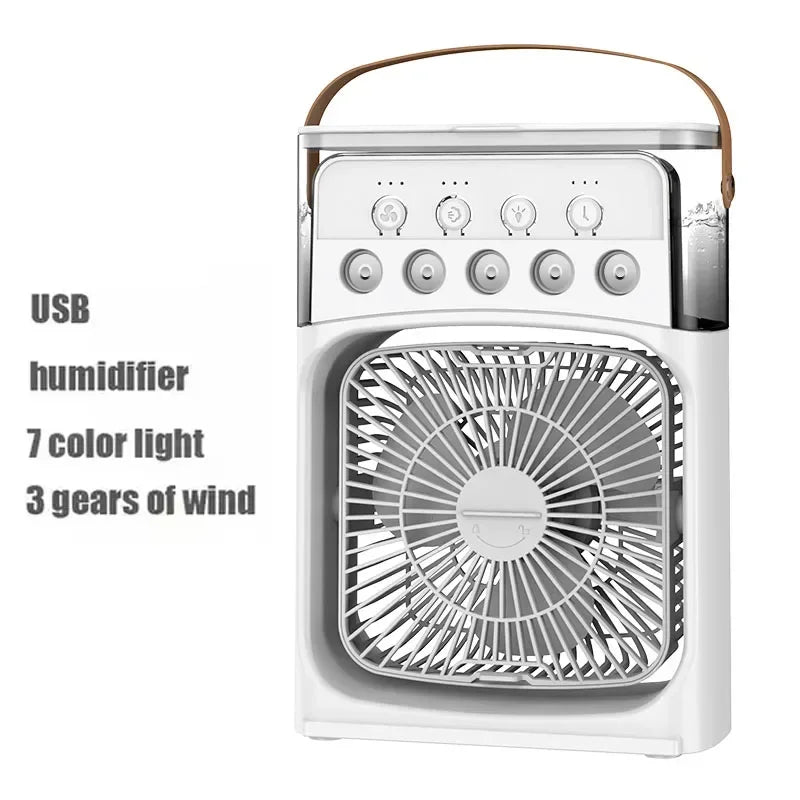 Portable humidifier fan three in one, mini USB air conditioning fan, LED night light, water mist, home fun air cooler humidifier
