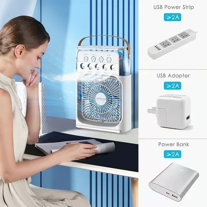 Portable humidifier fan three in one, mini USB air conditioning fan, LED night light, water mist, home fun air cooler humidifier