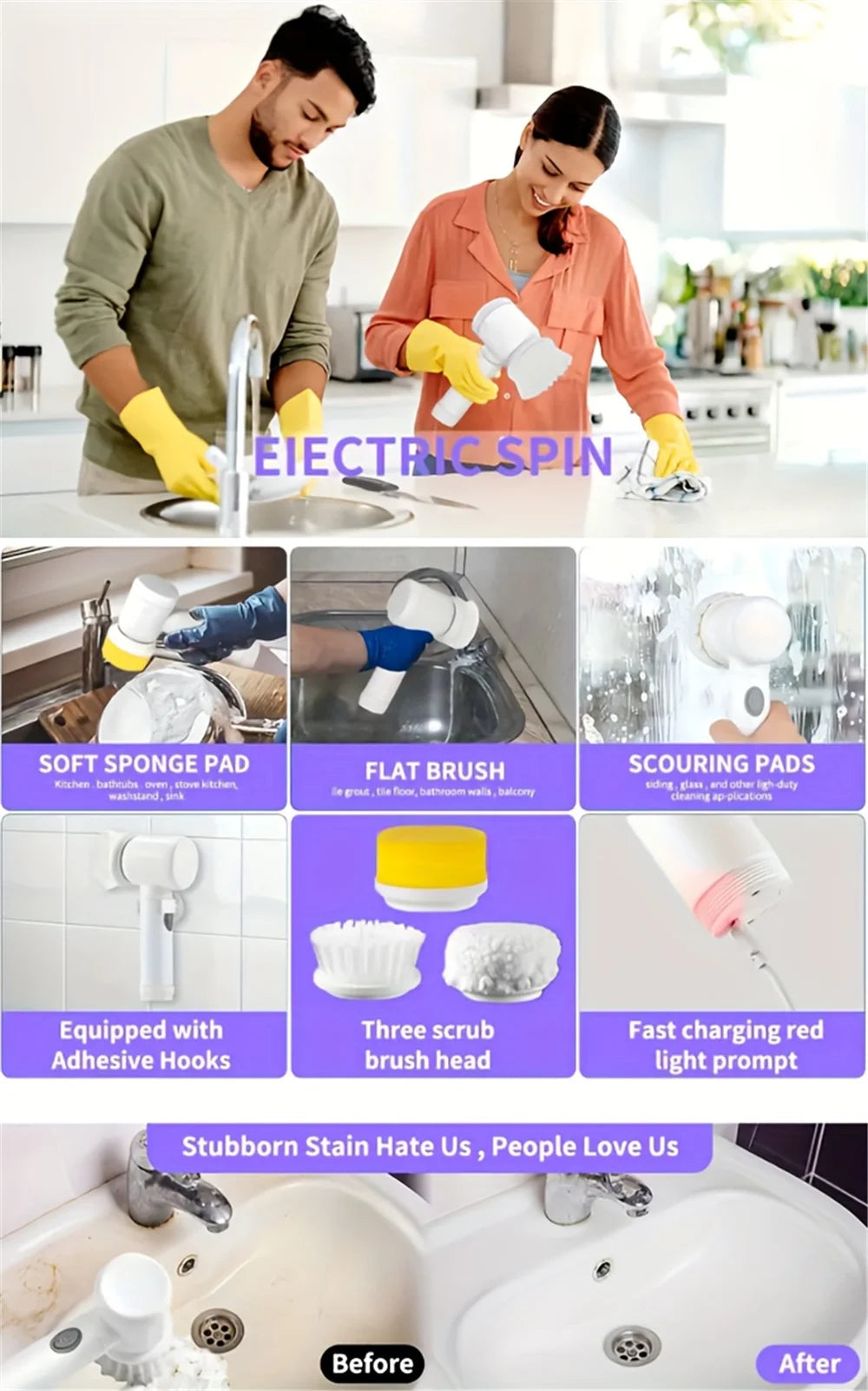 Electric Spin Scrubber, Electric Cleaning Brush 5-in-1 Handheld Kitchen Cleaner Cordless Spin Scrubber, Power Scrubber Bathroom
