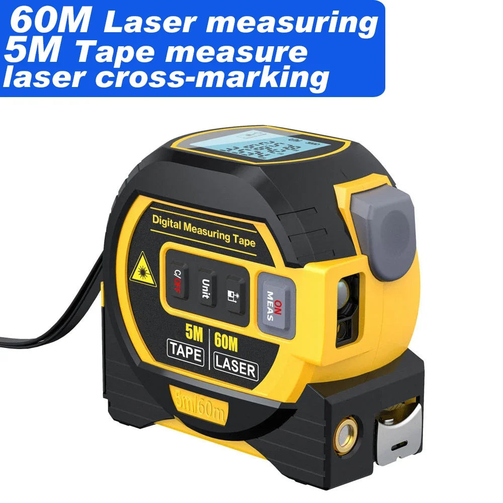 3 in 1 Laser Rangefinder 5M Tape Measure Ruler LCD Display with Backlight Distance Meter Building Measurement Device